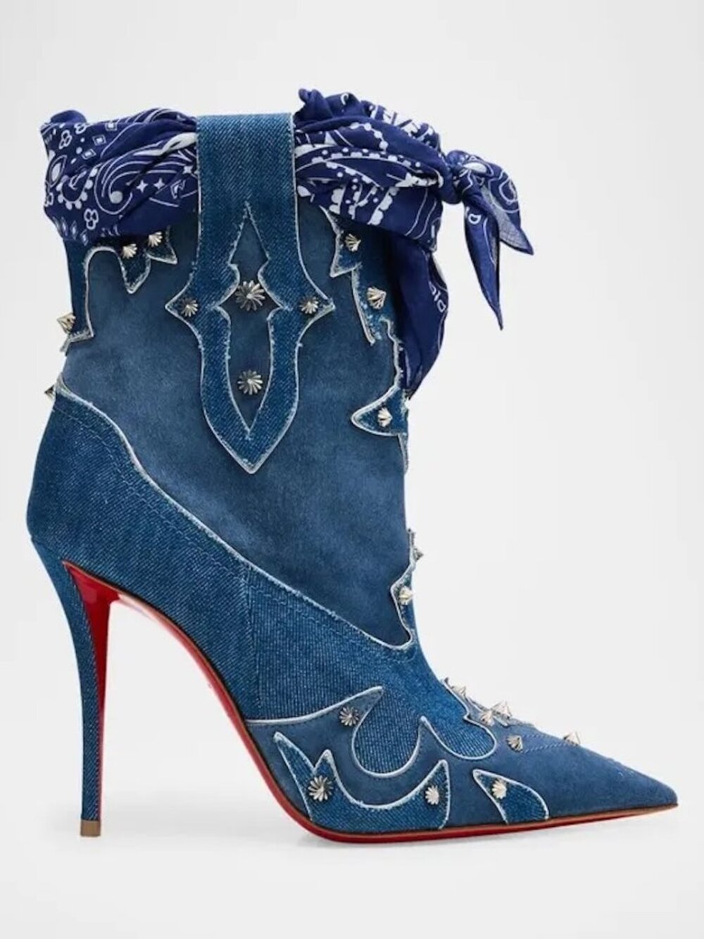 Christian Louboutin BOOTYIAG 100 Bandana Denim Western Bootie Boots Heels